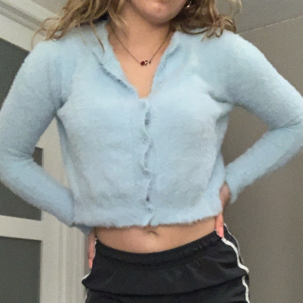 Princess poly fuzzy light blue button up